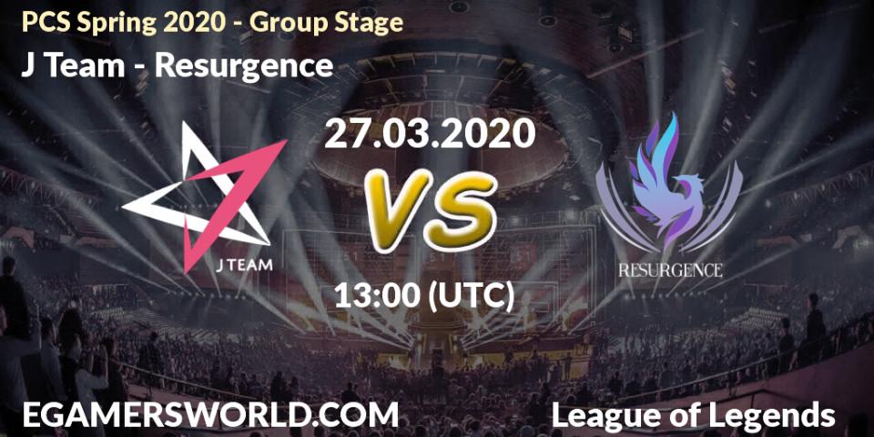 Prognose für das Spiel J Team VS Resurgence. 27.03.2020 at 11:00. LoL - PCS Spring 2020 - Group Stage