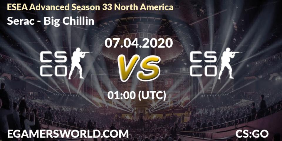 Prognose für das Spiel Serac VS Big Chillin. 07.04.2020 at 01:40. Counter-Strike (CS2) - ESEA Advanced Season 33 North America