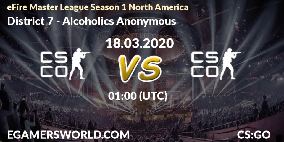 Prognose für das Spiel District 7 VS Alcoholics Anonymous. 18.03.2020 at 01:35. Counter-Strike (CS2) - eFire Master League Season 1 North America