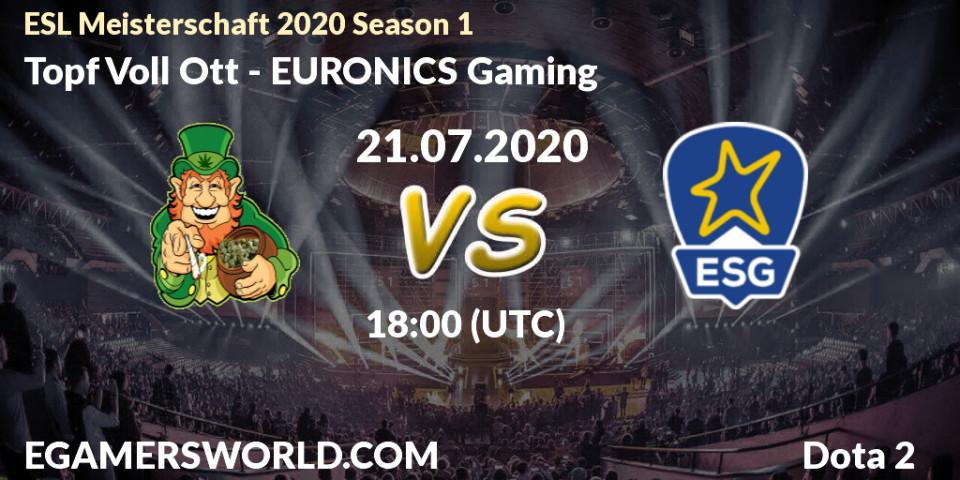Prognose für das Spiel Topf Voll Ott VS EURONICS Gaming. 21.07.20. Dota 2 - ESL Meisterschaft 2020 Season 1