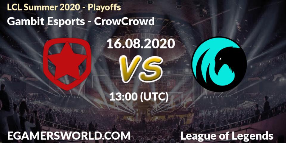 Prognose für das Spiel Gambit Esports VS CrowCrowd. 16.08.2020 at 12:25. LoL - LCL Summer 2020 - Playoffs