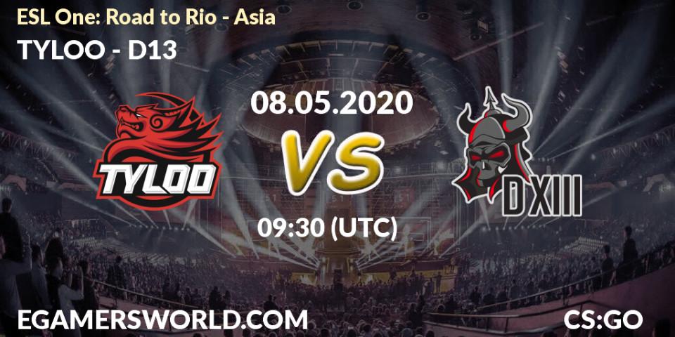 Prognose für das Spiel TYLOO VS D13. 08.05.2020 at 09:30. Counter-Strike (CS2) - ESL One: Road to Rio - Asia