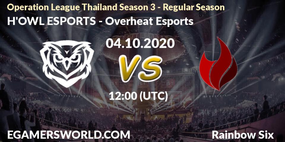 Prognose für das Spiel H'OWL ESPORTS VS Overheat Esports. 04.10.2020 at 12:00. Rainbow Six - Operation League Thailand Season 3 - Regular Season