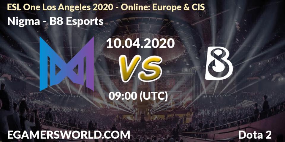 Prognose für das Spiel Nigma VS B8 Esports. 10.04.20. Dota 2 - ESL One Los Angeles 2020 - Online: Europe & CIS