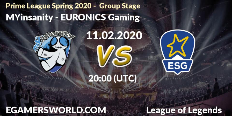 Prognose für das Spiel MYinsanity VS EURONICS Gaming. 11.02.2020 at 20:00. LoL - Prime League Spring 2020 - Group Stage