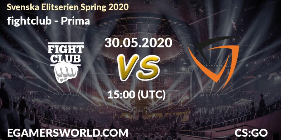 Prognose für das Spiel fightclub VS Prima. 30.05.2020 at 15:25. Counter-Strike (CS2) - Svenska Elitserien Spring 2020