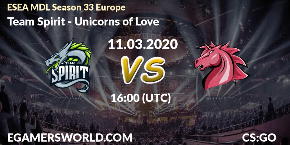 Prognose für das Spiel Team Spirit VS Unicorns of Love. 11.03.2020 at 16:10. Counter-Strike (CS2) - ESEA MDL Season 33 Europe