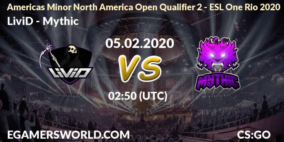 Prognose für das Spiel LiviD VS Mythic. 05.02.2020 at 02:55. Counter-Strike (CS2) - Americas Minor North America Open Qualifier 2 - ESL One Rio 2020