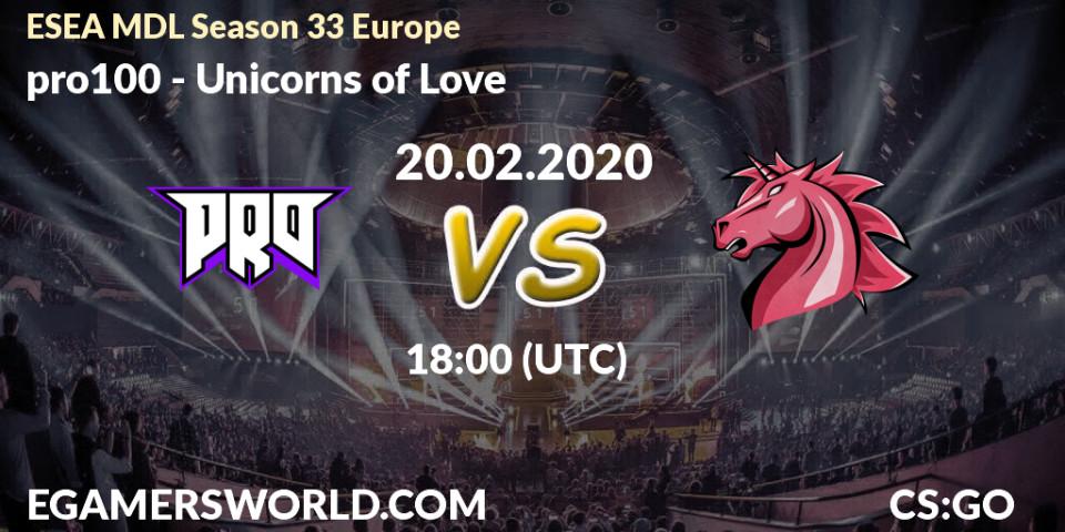 Prognose für das Spiel pro100 VS Unicorns of Love. 20.02.20. CS2 (CS:GO) - ESEA MDL Season 33 Europe