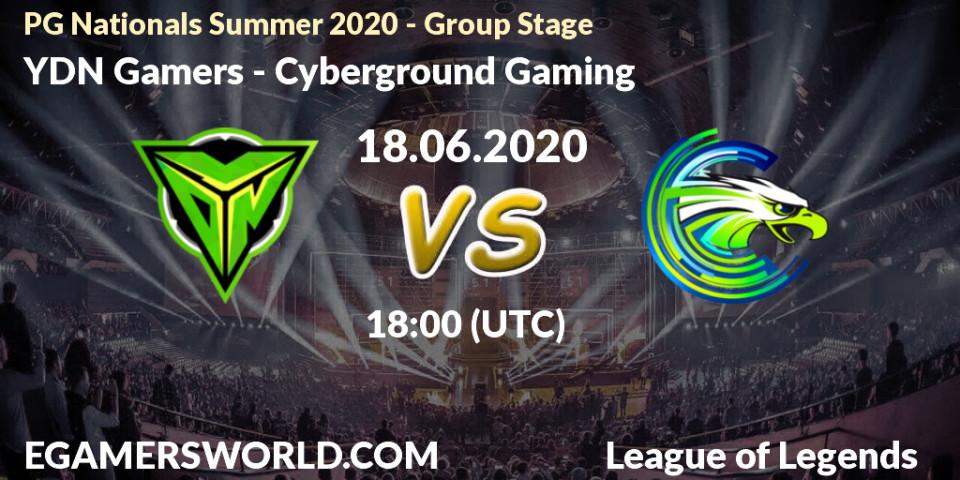 Prognose für das Spiel YDN Gamers VS Cyberground Gaming. 18.06.2020 at 18:00. LoL - PG Nationals Summer 2020 - Group Stage
