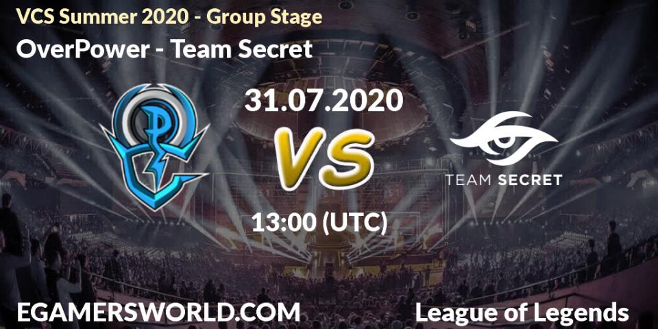 Prognose für das Spiel OverPower VS Team Secret. 31.07.20. LoL - VCS Summer 2020 - Group Stage