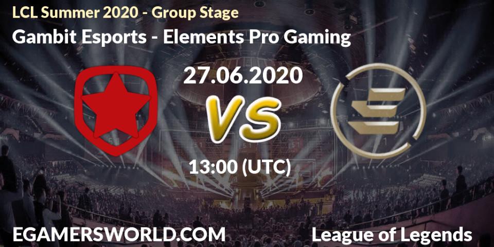 Prognose für das Spiel Gambit Esports VS Elements Pro Gaming. 27.06.2020 at 13:00. LoL - LCL Summer 2020 - Group Stage