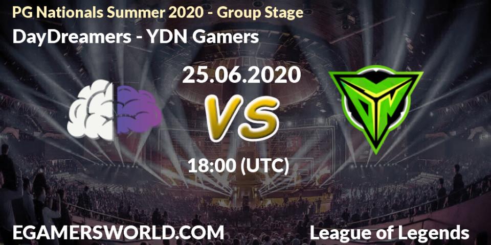 Prognose für das Spiel DayDreamers VS YDN Gamers. 25.06.2020 at 18:00. LoL - PG Nationals Summer 2020 - Group Stage