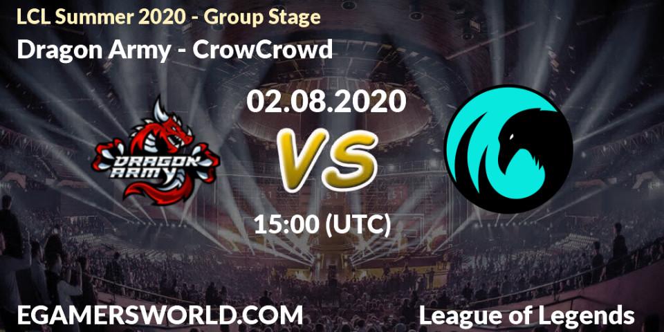 Prognose für das Spiel Dragon Army VS CrowCrowd. 02.08.2020 at 15:00. LoL - LCL Summer 2020 - Group Stage