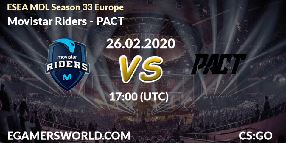 Prognose für das Spiel Movistar Riders VS PACT. 26.02.2020 at 17:05. Counter-Strike (CS2) - ESEA MDL Season 33 Europe
