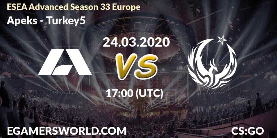 Prognose für das Spiel Apeks VS Turkey5. 24.03.20. CS2 (CS:GO) - ESEA Advanced Season 33 Europe