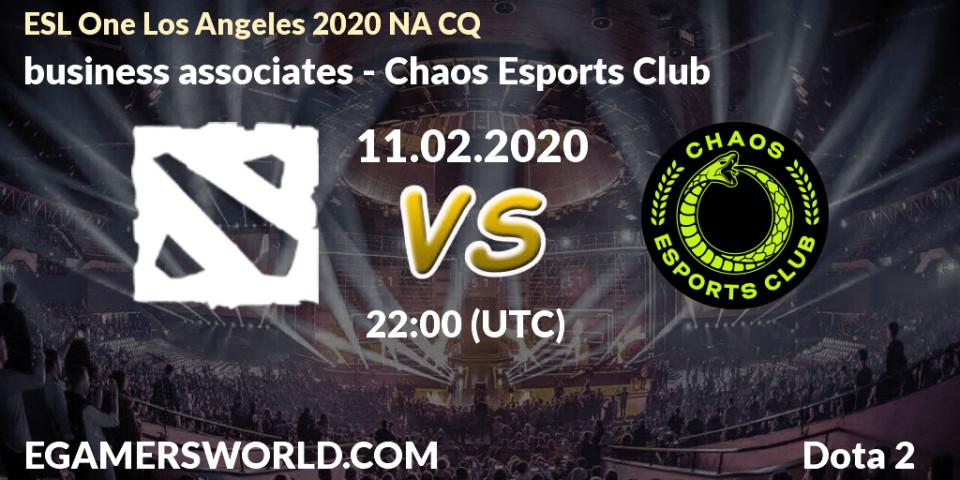 Prognose für das Spiel business associates VS Chaos Esports Club. 11.02.20. Dota 2 - ESL One Los Angeles 2020 NA CQ