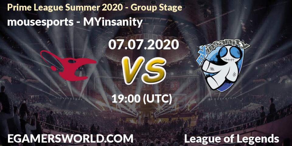 Prognose für das Spiel mousesports VS MYinsanity. 07.07.20. LoL - Prime League Summer 2020 - Group Stage