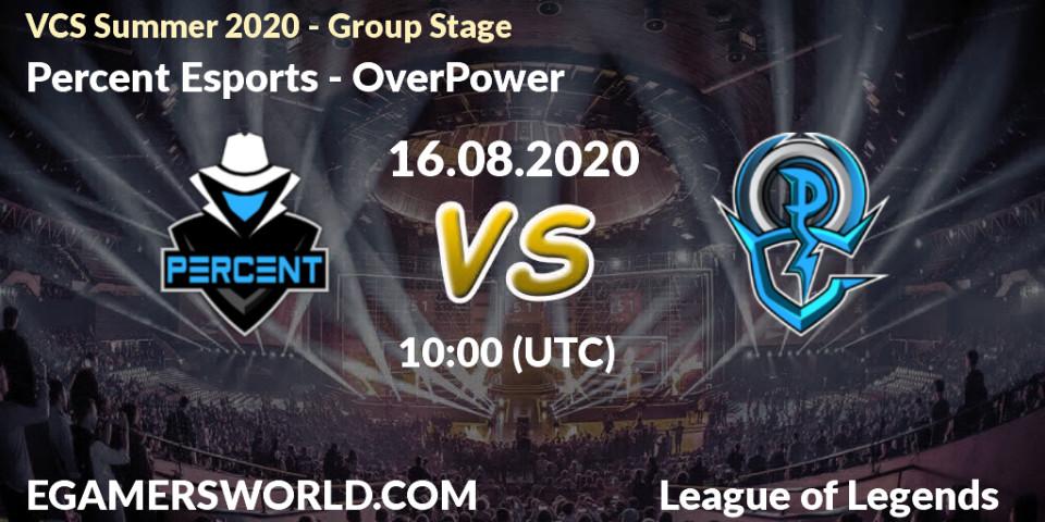 Prognose für das Spiel Percent Esports VS OverPower. 16.08.20. LoL - VCS Summer 2020 - Group Stage