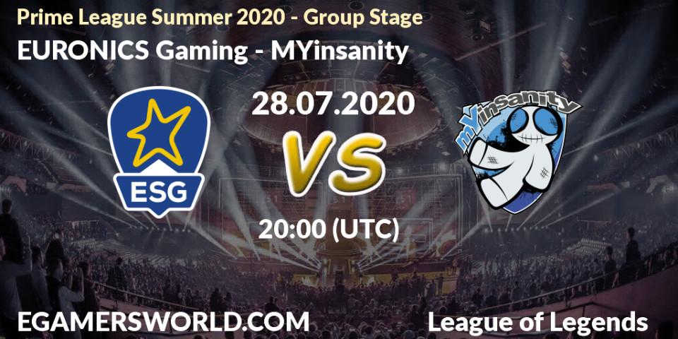 Prognose für das Spiel EURONICS Gaming VS MYinsanity. 28.07.20. LoL - Prime League Summer 2020 - Group Stage