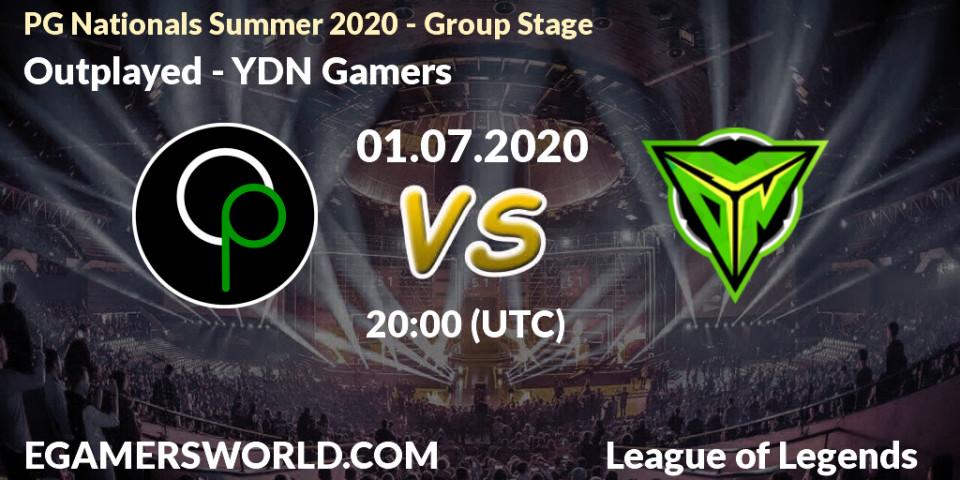 Prognose für das Spiel Outplayed VS YDN Gamers. 01.07.2020 at 20:00. LoL - PG Nationals Summer 2020 - Group Stage