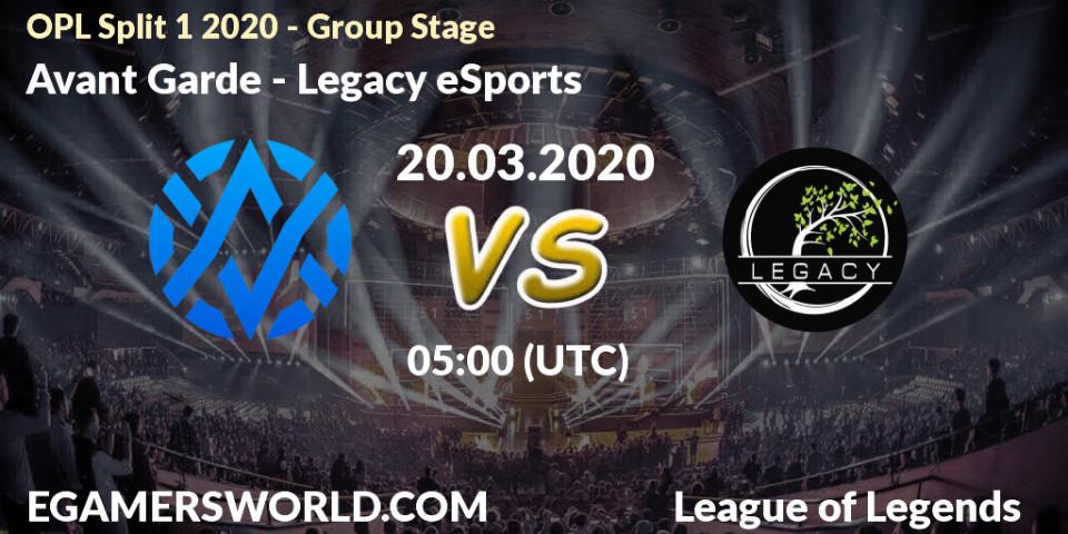 Prognose für das Spiel Avant Garde VS Legacy eSports. 20.03.2020 at 05:00. LoL - OPL Split 1 2020 - Group Stage
