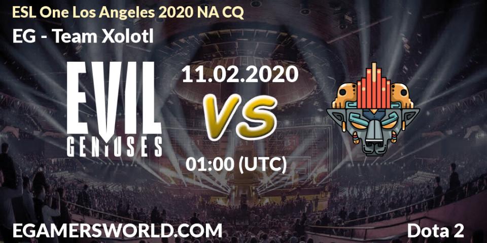 Prognose für das Spiel EG VS Team Xolotl. 11.02.20. Dota 2 - ESL One Los Angeles 2020 NA CQ