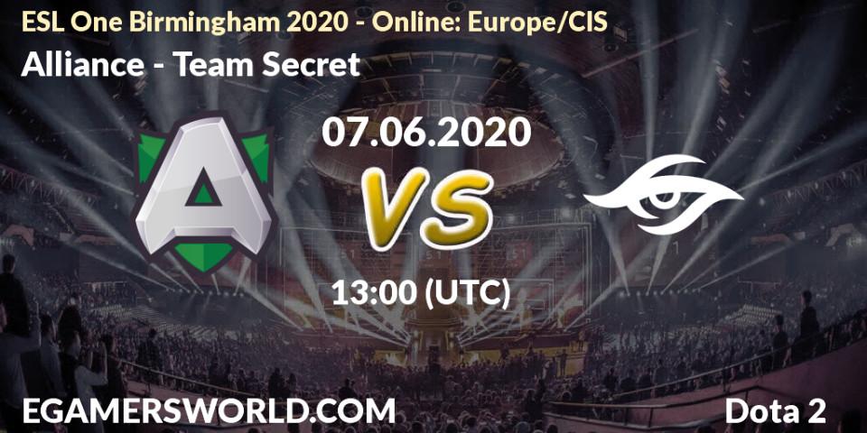 Prognose für das Spiel Alliance VS Team Secret. 07.06.20. Dota 2 - ESL One Birmingham 2020 - Online: Europe/CIS