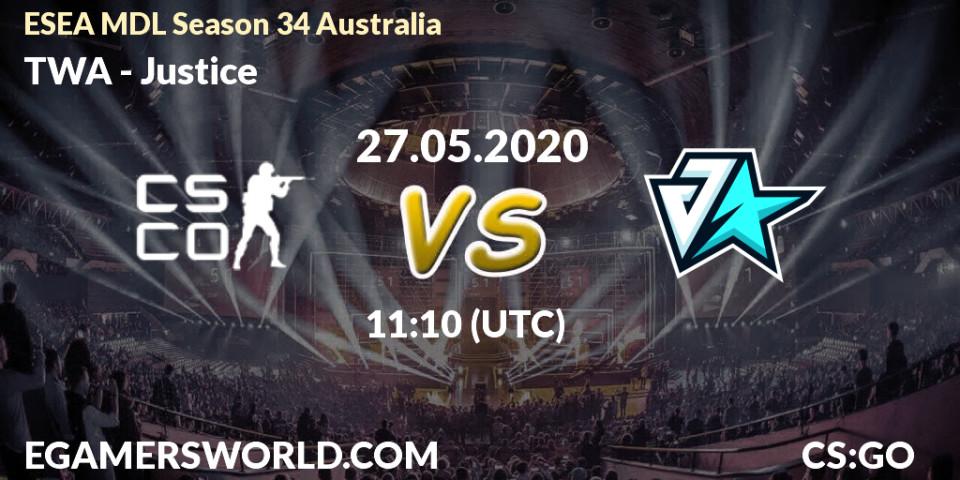 Prognose für das Spiel TWA VS Justice. 27.05.20. CS2 (CS:GO) - ESEA MDL Season 34 Australia