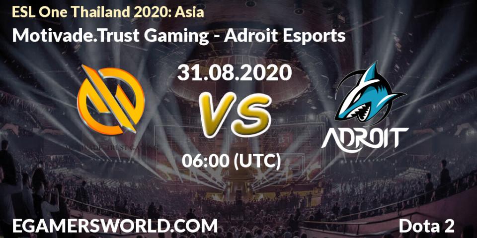 Prognose für das Spiel Motivade.Trust Gaming VS Adroit Esports. 31.08.2020 at 06:01. Dota 2 - ESL One Thailand 2020: Asia
