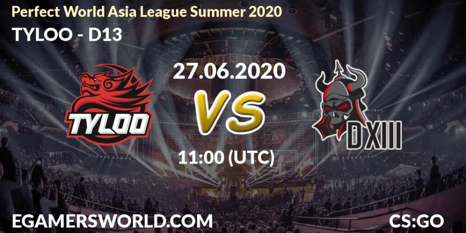 Prognose für das Spiel TYLOO VS D13. 27.06.2020 at 10:30. Counter-Strike (CS2) - Perfect World Asia League Summer 2020