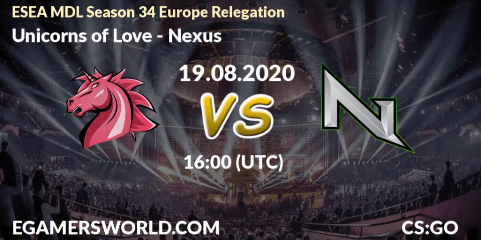 Prognose für das Spiel Unicorns of Love VS Nexus. 19.08.2020 at 16:00. Counter-Strike (CS2) - ESEA MDL Season 34 Europe Relegation