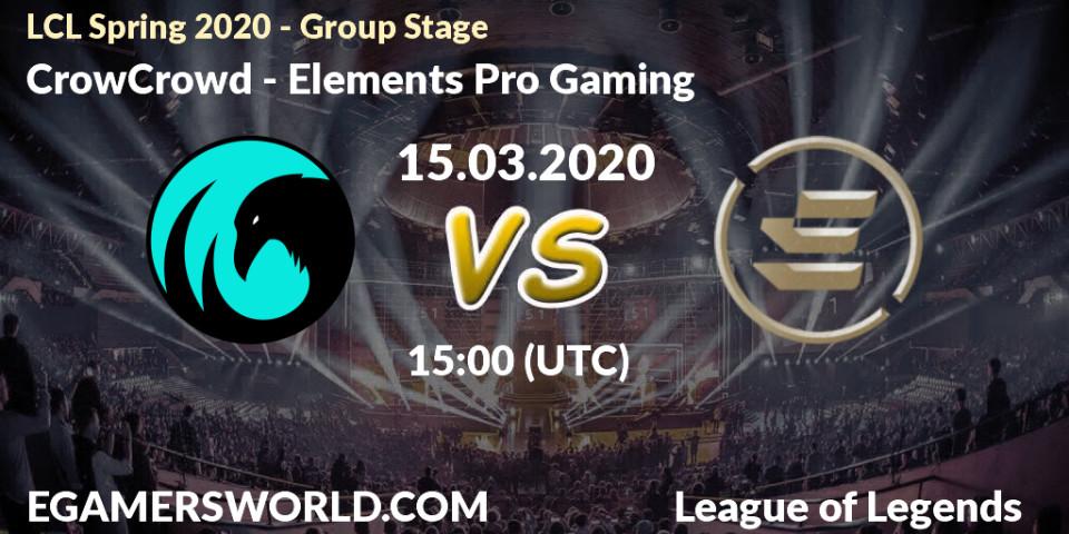 Prognose für das Spiel CrowCrowd VS Elements Pro Gaming. 15.03.2020 at 15:00. LoL - LCL Spring 2020 - Group Stage