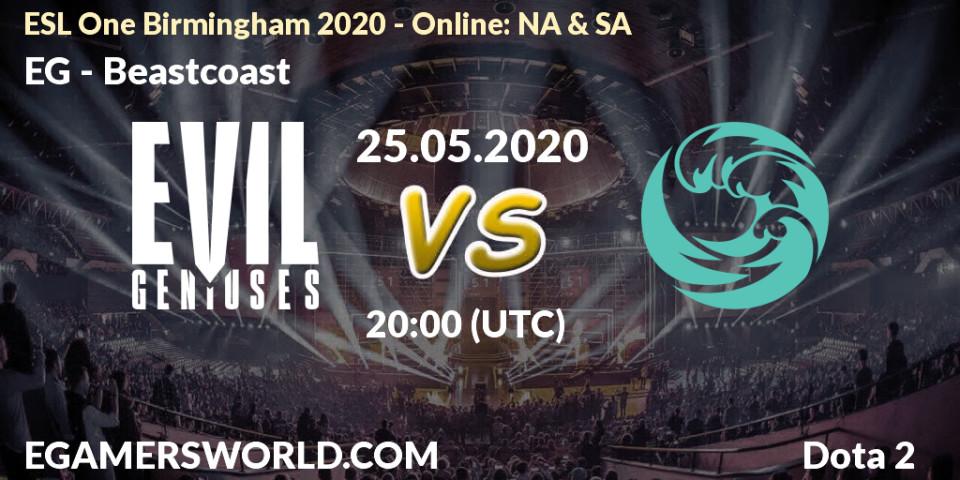 Prognose für das Spiel EG VS Beastcoast. 29.05.20. Dota 2 - ESL One Birmingham 2020 - Online: NA & SA