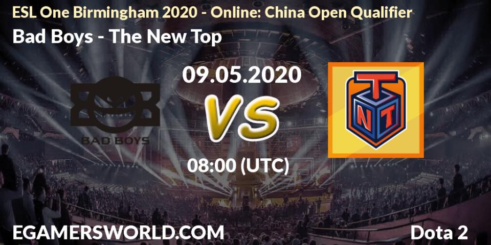 Prognose für das Spiel Bad Boys VS The New Top. 09.05.2020 at 08:00. Dota 2 - ESL One Birmingham 2020 - Online: China Open Qualifier