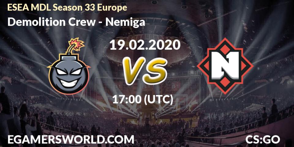 Prognose für das Spiel Demolition Crew VS Nemiga. 19.02.20. CS2 (CS:GO) - ESEA MDL Season 33 Europe