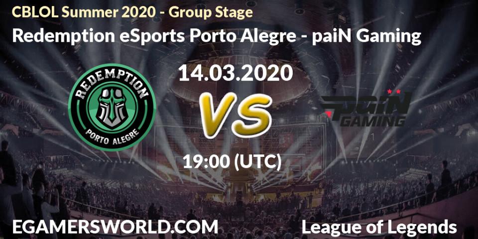 Prognose für das Spiel Redemption eSports Porto Alegre VS paiN Gaming. 14.03.20. LoL - CBLOL Summer 2020 - Group Stage