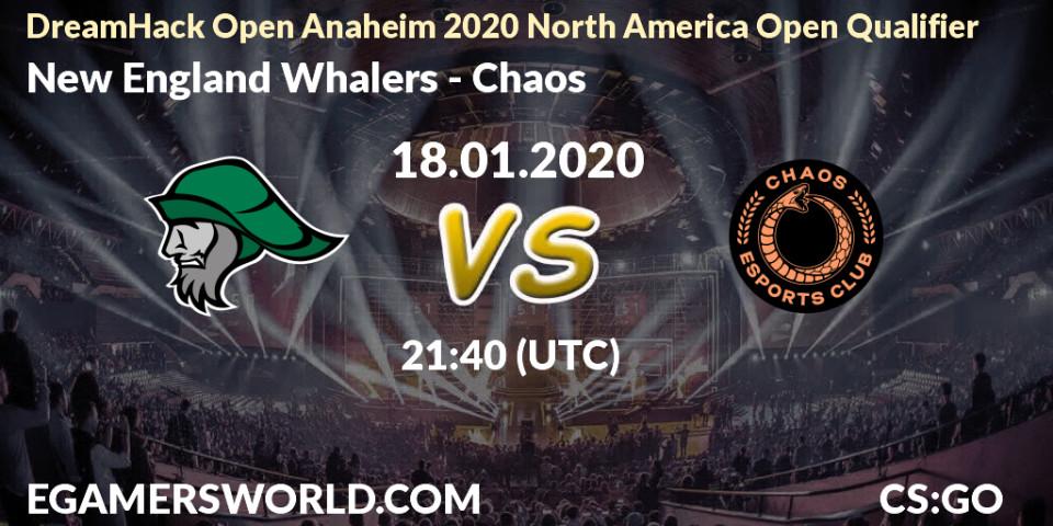 Prognose für das Spiel New England Whalers VS Chaos. 18.01.2020 at 21:50. Counter-Strike (CS2) - DreamHack Open Anaheim 2020 North America Open Qualifier