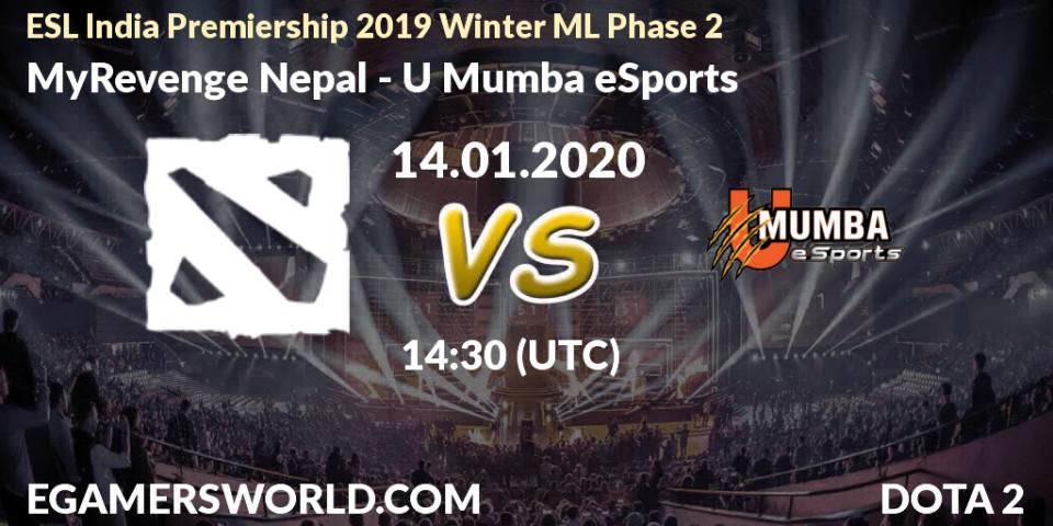 Prognose für das Spiel MyRevenge Nepal VS U Mumba eSports. 14.01.20. Dota 2 - ESL India Premiership 2019 Winter ML Phase 2