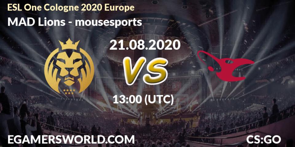 Prognose für das Spiel MAD Lions VS mousesports. 21.08.2020 at 13:00. Counter-Strike (CS2) - ESL One Cologne 2020 Europe
