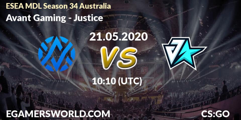 Prognose für das Spiel Avant Gaming VS Justice. 21.05.20. CS2 (CS:GO) - ESEA MDL Season 34 Australia