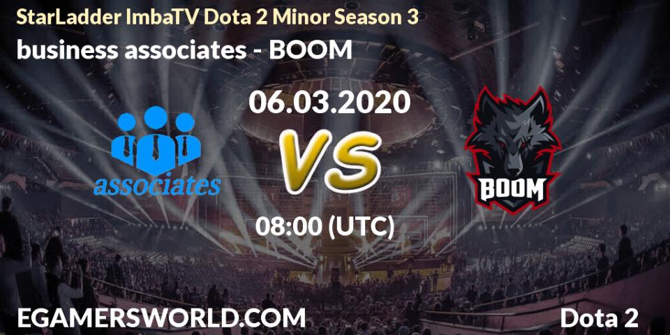 Prognose für das Spiel business associates VS BOOM. 06.03.2020 at 08:01. Dota 2 - StarLadder ImbaTV Dota 2 Minor Season 3