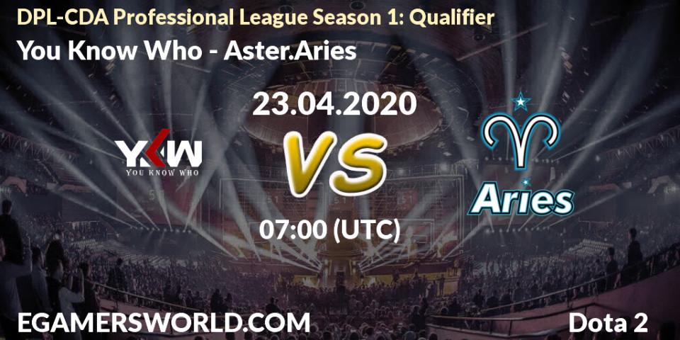 Prognose für das Spiel You Know Who VS Aster.Aries. 23.04.2020 at 06:42. Dota 2 - DPL-CDA Professional League Season 1: Qualifier