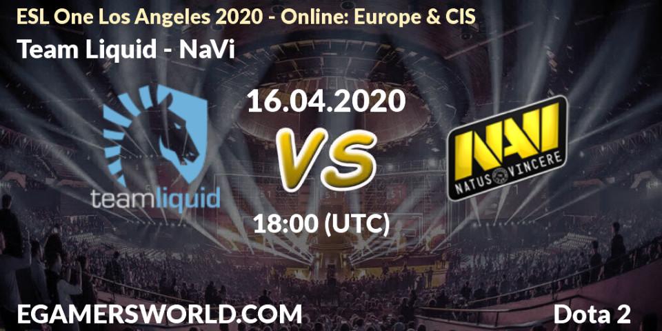 Prognose für das Spiel Team Liquid VS NaVi. 16.04.20. Dota 2 - ESL One Los Angeles 2020 - Online: Europe & CIS