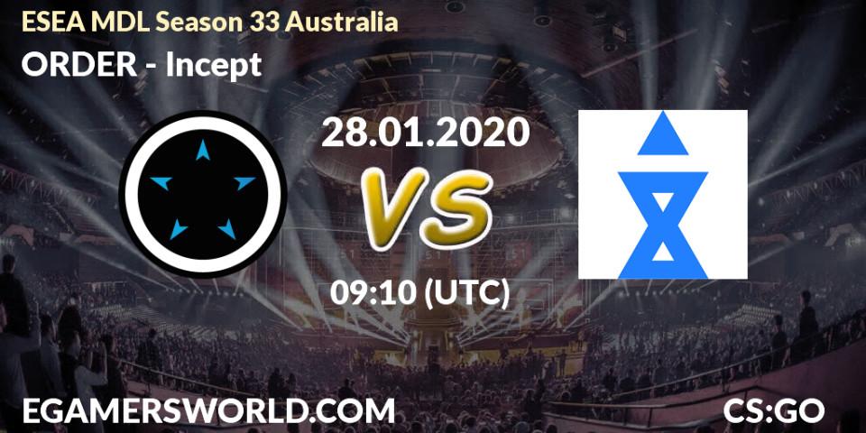 Prognose für das Spiel ORDER VS Incept. 28.01.20. CS2 (CS:GO) - ESEA MDL Season 33 Australia
