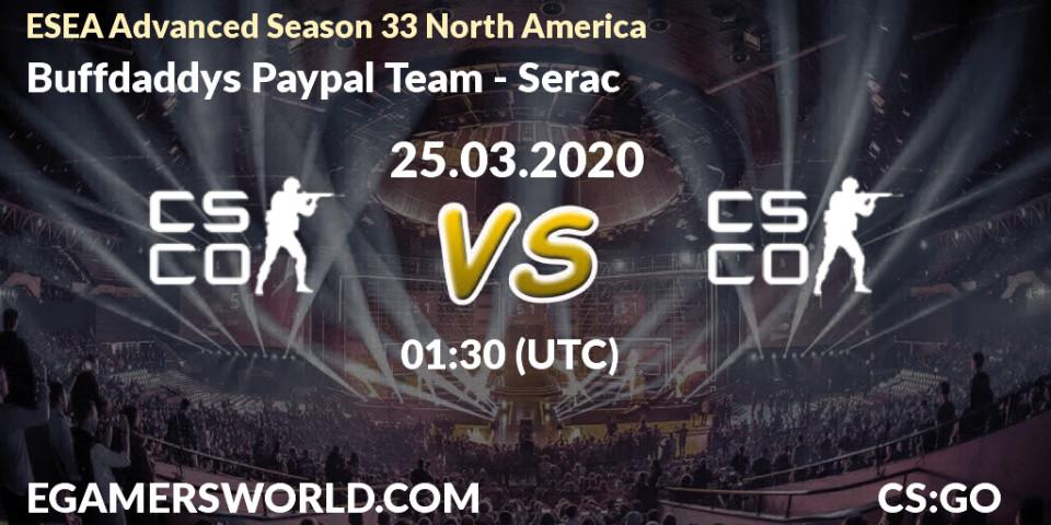 Prognose für das Spiel Buffdaddys Paypal Team VS Serac. 25.03.2020 at 01:30. Counter-Strike (CS2) - ESEA Advanced Season 33 North America