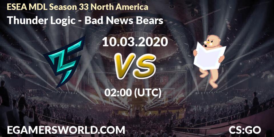Prognose für das Spiel Thunder Logic VS Bad News Bears. 10.03.2020 at 02:10. Counter-Strike (CS2) - ESEA MDL Season 33 North America