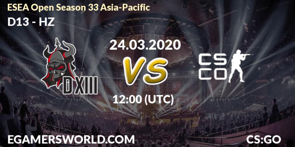 Prognose für das Spiel D13 VS HZ. 25.03.20. CS2 (CS:GO) - ESEA Open Season 33 Asia-Pacific