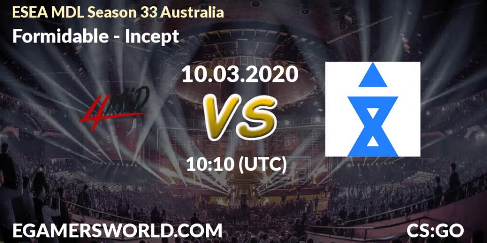 Prognose für das Spiel Formidable VS Incept. 10.03.20. Counter-Strike (CS2) - ESEA MDL Season 33 Australia