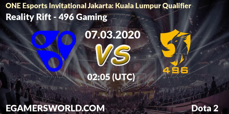 Prognose für das Spiel Reality Rift VS 496 Gaming. 07.03.20. Dota 2 - ONE Esports Invitational Jakarta: Kuala Lumpur Qualifier